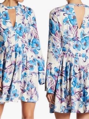 Free People Tegan size 8 -Blue & Cream Floral Keyhole Mini Dress